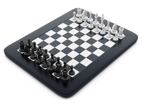 Black and white chess pieces standing on tablet computer. 3D illustration.