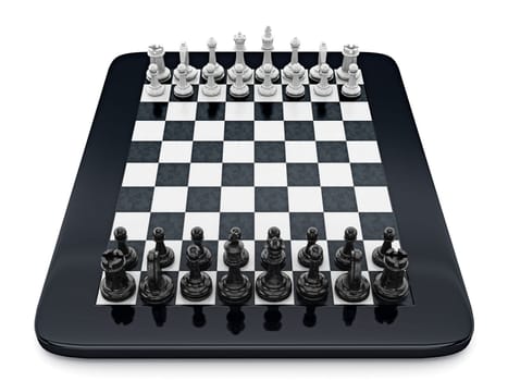 Black and white chess pieces standing on tablet computer. 3D illustration.