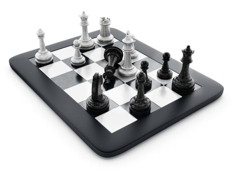 Black and white chess pieces standing on tablet computer. 3D illustration.