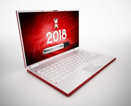Notebook with 2018 and loading texts on the screen. 3D illustration.
