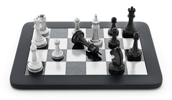 Black and white chess pieces standing on tablet computer. 3D illustration.