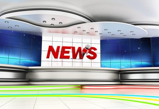 Modern news studio with large TV screens. 3D illustration.