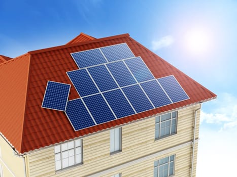 Solar panels being installed on building rooftop. 3D illustration.