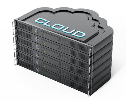 Cloud shaped network server rack stack. 3D illustration.