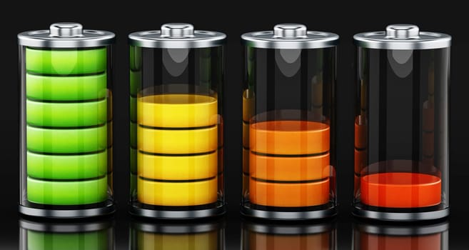 Four different battery levels on black background. 3D illustration.