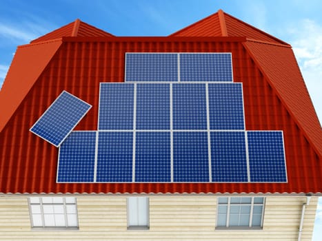 Solar panels being installed on building rooftop. 3D illustration.
