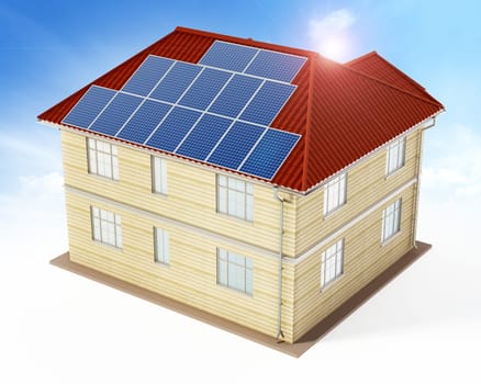 Solar panels being installed on building rooftop. 3D illustration.