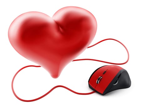 Red corded mouse connected to shiny heart. 3D illustration.
