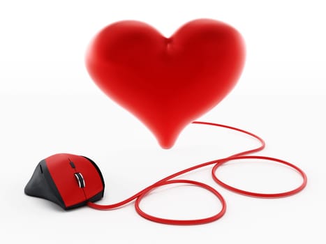 Red corded mouse connected to shiny heart. 3D illustration.