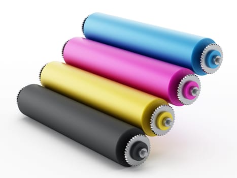 CMYK Printing press with test print. 3D illustration.