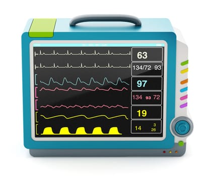 Medical monitor showing vital health information isolated on white background. 3D illustration.