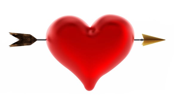 Arrow through heart. 3D illustration isolated on white background.