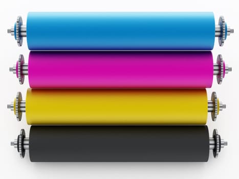 CMYK Printing press with test print. 3D illustration.