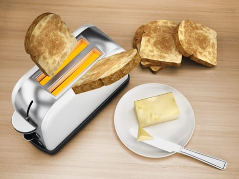 Butter and knife beside toaster and grilled bread. 3D illustration.