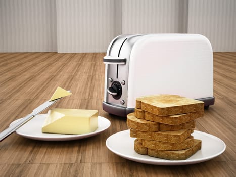 Butter and knife beside toaster and grilled bread. 3D illustration.