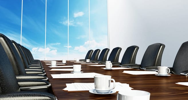 Boardroom table with black leather chairs. 3D illustration.