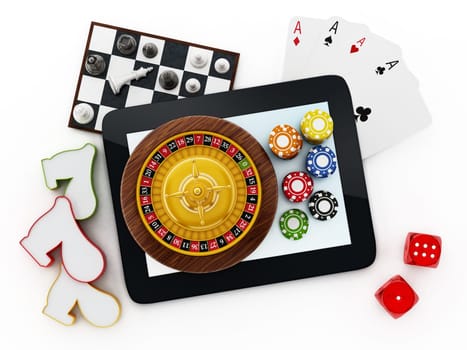 Tablet computer, playing cards, roulette,chips, dice isolated on white background