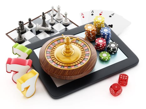 Tablet computer, playing cards, roulette,chips, dice isolated on white background