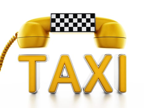 Yellow phone receiver with taxi sign on checkers pattern isolated on white background.