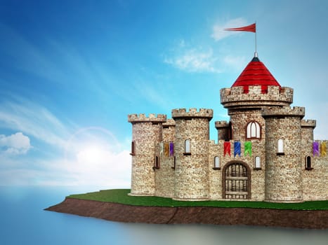 Fantastic medieval castle under dramatic blue sky.