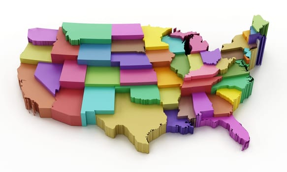 Multi colored USA map showing state borders. 3D illustration.