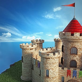 Fantastic medieval castle under dramatic blue sky.