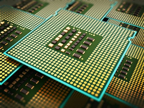 Stack of modern micro processors. 3D illustration.