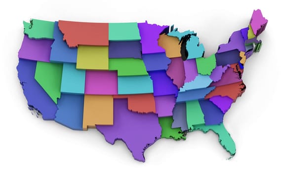 Multi colored USA map showing state borders. 3D illustration.