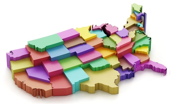 Multi colored USA map showing state borders. 3D illustration.
