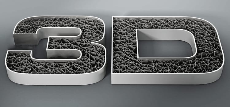 Printed mesh 3D text on gray background. 3D illustration.