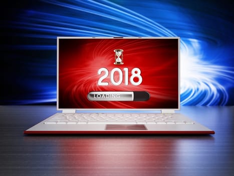 Notebook with 2018 and loading texts on the screen. 3D illustration.