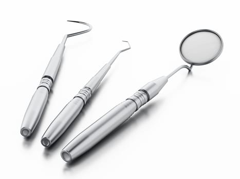 Professional dentist tools isolated on white background. 3D illustration.