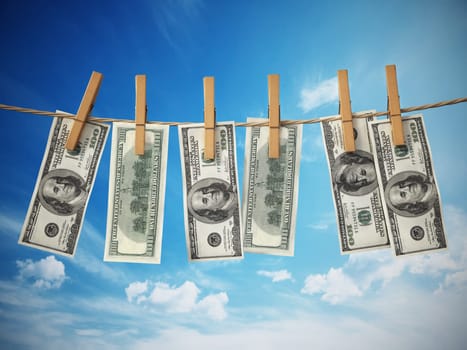 Money laundring concept with dollars hanging on the rope. 3D rendered illustration