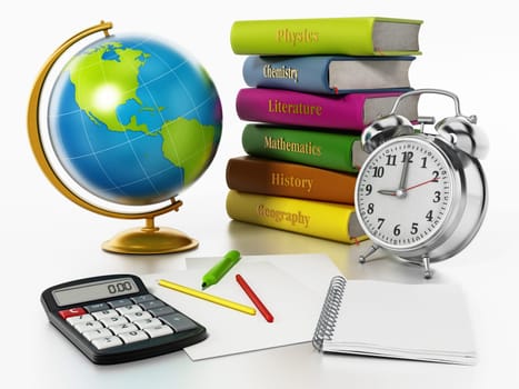 Globe, school books, alarm clock and pen sisolated on white background. 3D illustration.