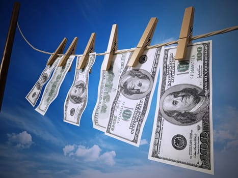 Money laundring concept with dollars hanging on the rope. 3D rendered illustration