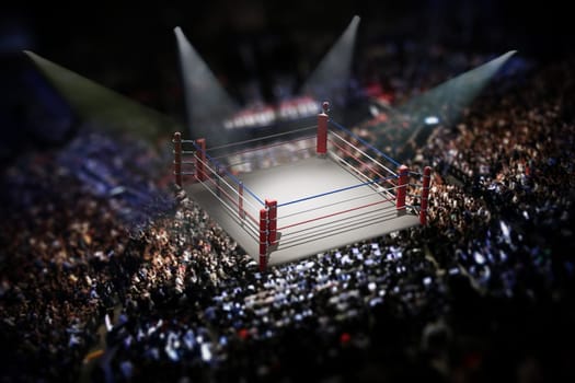 Empty boxing ring surrounded with spectators. 3D illustration.