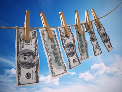 Money laundring concept with dollars hanging on the rope. 3D rendered illustration