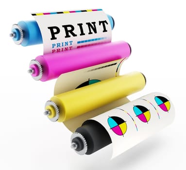 CMYK Printing press with test print. 3D illustration.