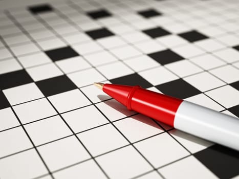 Ball point pen standing on crossword puzzle 3D illustration.