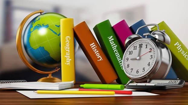 Globe, school books, alarm clock and pen sisolated on white background. 3D illustration.