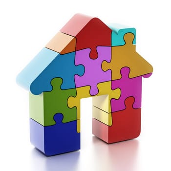 Multi colored puzzle pieces forming a house. 3D illustration.