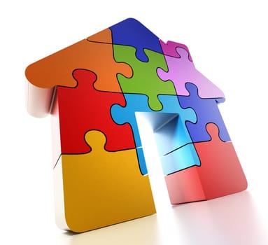 Multi colored puzzle pieces forming a house. 3D illustration.