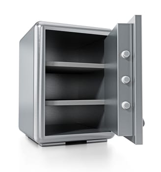 Steel safe with open door isolated on white background. 3D illustration.