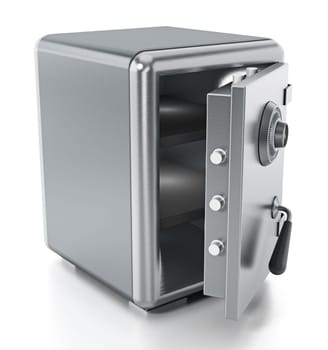 Steel safe with open door isolated on white background. 3D illustration.