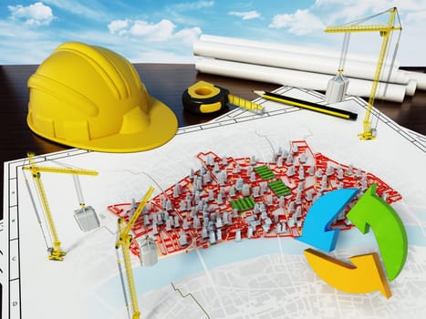 City renewal concept with model buildings on the plan. 3D illustration.