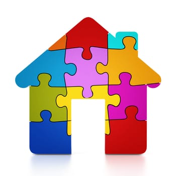 Multi colored puzzle pieces forming a house. 3D illustration.