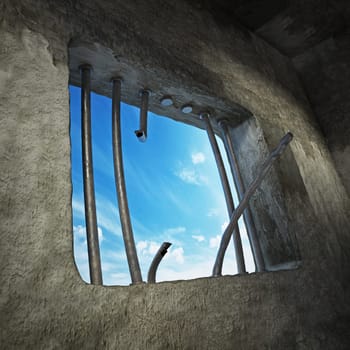 Prison cell with broken prison bars on the window. 3D illustration.