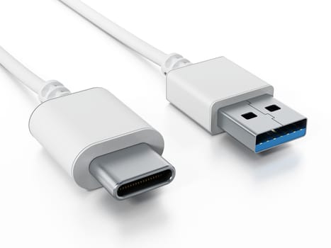 USB type C and USB 3.0 format cables isolated on white background. 3D illustration.