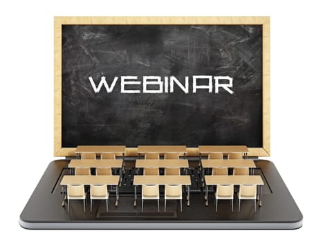 Webinar word on the blackboard as laptop screen. 3D illustration.