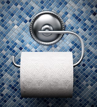 Toilet paper and chrome hanger on the wall. 3D illustration.